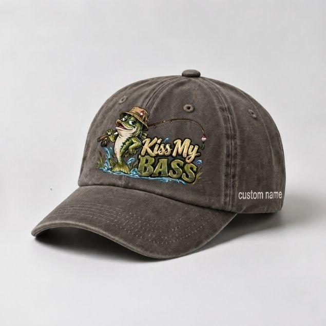 Kiss My Bass Custom Name Embroidered Hat, Largemouth Bass Fishing Hat, Angler Gift