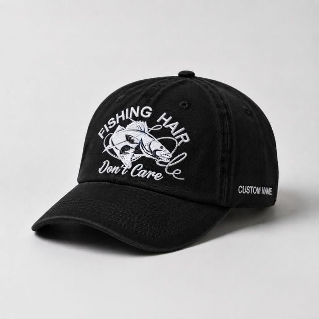 Fishing Hair Dont Care Hat Funny Bass Fishing Embroidered Dad Cap Custom Name