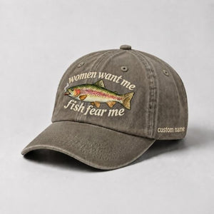 Women Want Me Fish Fear Me Rainbow Trout Embroidered Custom Name Fishing Cap, Funny Trout Fisherman Gift - 6