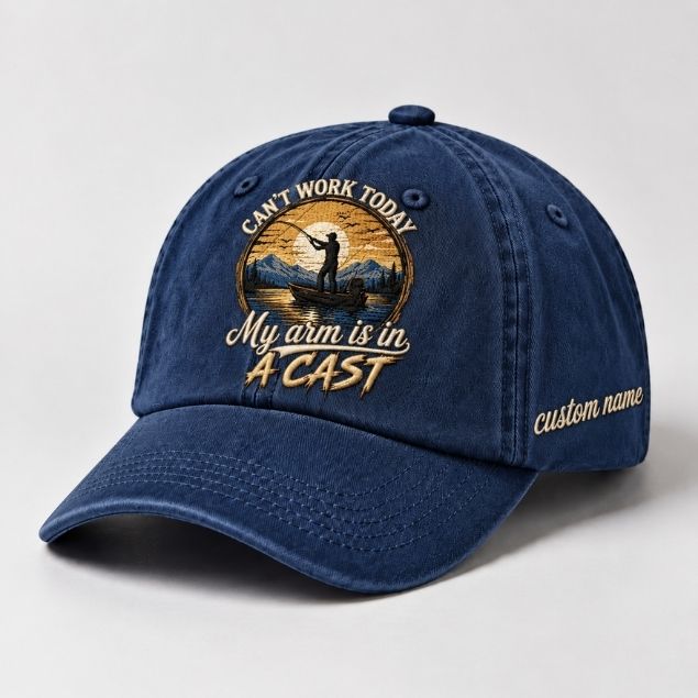 Can't Work Today My Arm Is In A Cast Embroidered Fishing Hat, Custom Name Personalized Baseball Cap, Angler Boat Sunset Embroidery Hat