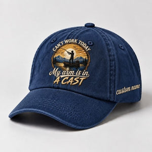 Can't Work Today My Arm Is In A Cast Embroidered Fishing Hat, Custom Name Personalized Baseball Cap, Angler Boat Sunset Embroidery Hat - 3