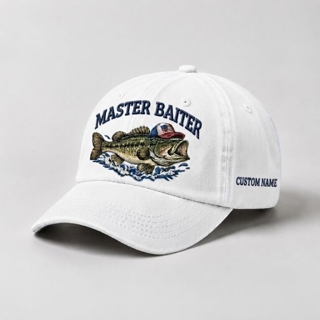 Master Baiter Bass Fishing Hat, Largemouth Bass Wave Embroidery Cap with Custom Name