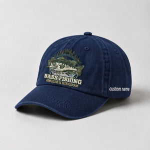Bass Fishing Angler's Kingdom Cap Custom Name Embroidered Hat, Vintage Washed Black Dad Hat - 3