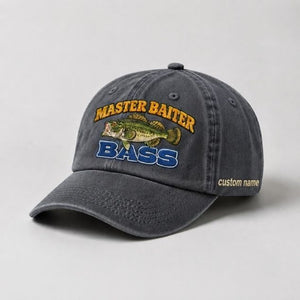 Master Baiter Bass Fishing Hat, Largemouth Bass Embroidered Cap with Custom Name - 1