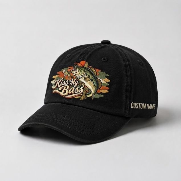 Kiss My Bass Custom Name Embroidered Hat, Largemouth Bass Lure Fishing Cap