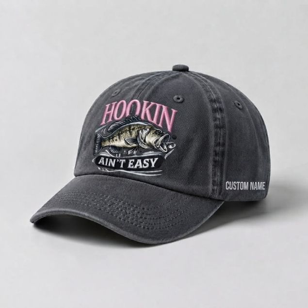 Hookin Ain'T Easy Bass Fishing Embroidered Cap With Custom Name, Washed Cotton Hat For Women