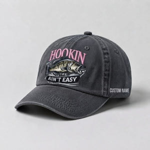 Hookin Ain'T Easy Bass Fishing Embroidered Cap With Custom Name, Washed Cotton Hat For Women - 1