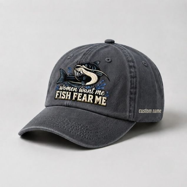 Women Want Me Fish Fear Me Catfish Hat, Custom Name Embroidered Fishing Cap