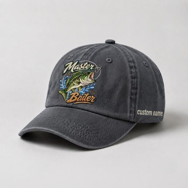 Master Baiter Bass Fishing Hat, Largemouth Bass Embroidered Cap with Custom Name