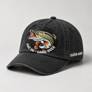 Pike On - Game Over Embroidered Dad Hat, Fishing Pike Fish Hat, Custom Name Personalized Cap, Vintage Outdoor Angler Hat - 2