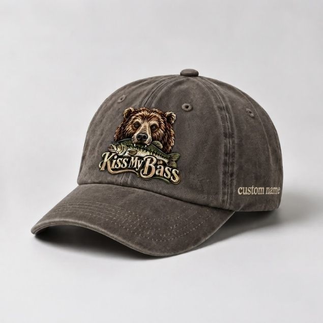 Kiss My Bass Custom Name Embroidered Hat, Largemouth Bass Bear Fishing Hat