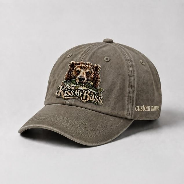 Kiss My Bass Custom Name Embroidered Hat, Largemouth Bass Bear Fishing Hat