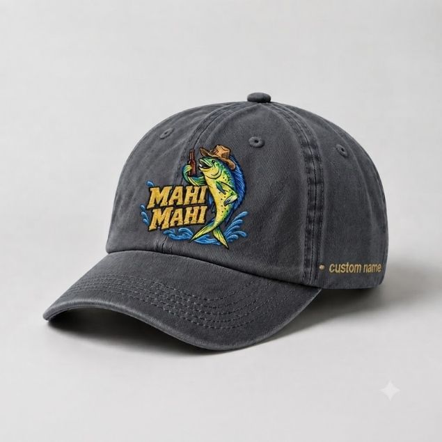 Mahi Mahi Beer Hat Custom Name Embroidered Fishing Cap, Funny Offshore Angler Gift