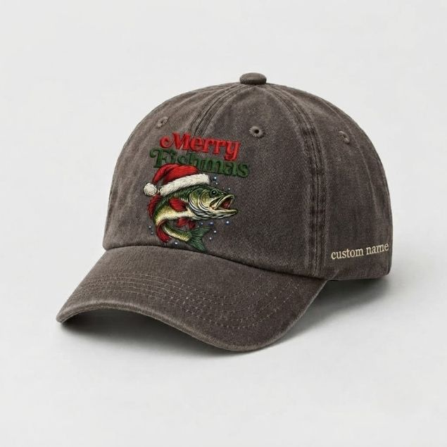 Merry Fishmas Custom Name Embroidered Hat, Personalized Christmas Fishing Cap with Santa Bass Fish Holiday Stitch Design