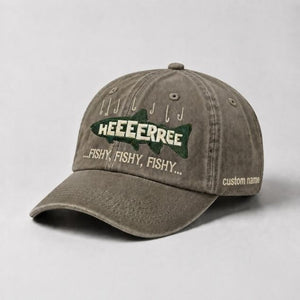 Embroidered HEEEERRREE Fishy Fishy Fishy Custom Name Hat, Funny Fishing Vintage Washed Dad Cap - 6
