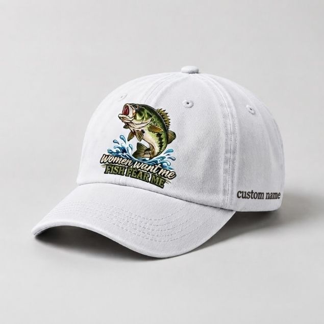 Women Want Me Fish Fear Me Largemouth Bass Embroidered Custom Name Fishing Cap, Bass Fishing Gift