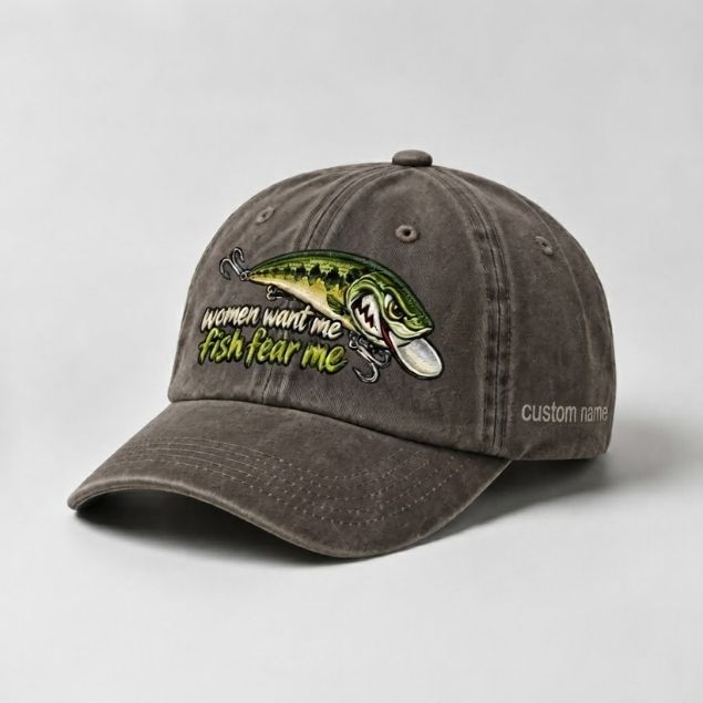 Women Want Me Fish Fear Me Largemouth Bass Lure Embroidered Custom Name Fishing Cap, Funny Bass Fishing Gift