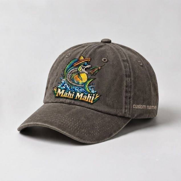 Mahi Mahi Custom Name Embroidered Fishing Hat, Skeleton Fish Hat