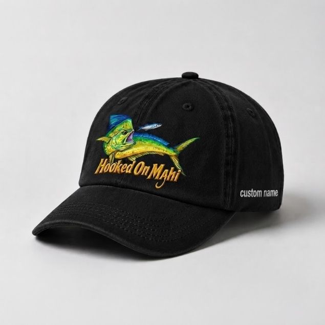 Hooked On Mahi Custom Name Embroidered Fishing Hat, Dorado Fish Cap