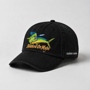 Hooked On Mahi Custom Name Embroidered Fishing Hat, Dorado Fish Cap - 2