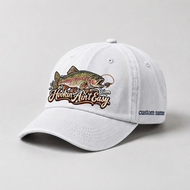 Hookin Ain’T Easy Custom Name Embroidered Rainbow Trout hat, Trout Lover Gift