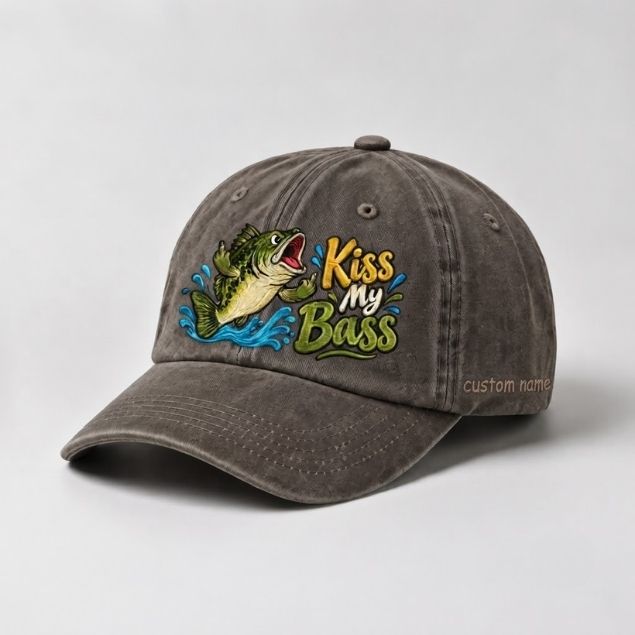 Kiss My Bass Custom Name Embroidered Hat Largemouth Bass Fishing