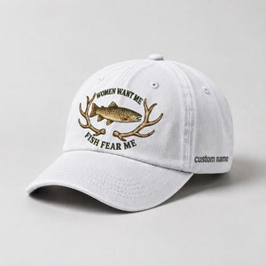 Women Want Me Fish Fear Me Brown Trout Embroidered Custom Name Fishing Cap, Vintage Trout Fishing Gift - 4