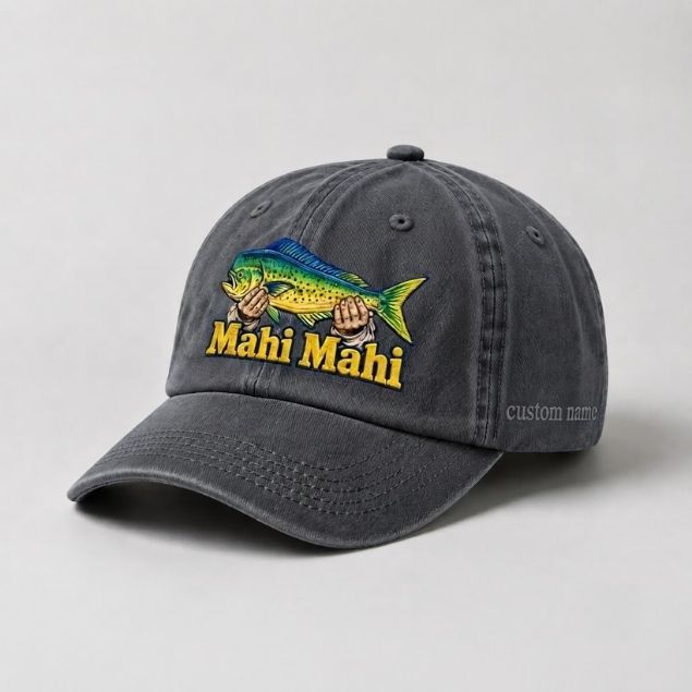 Mahi Mahi Custom Name Embroidered Fishing Hat, Big Catch Fisherman Gift