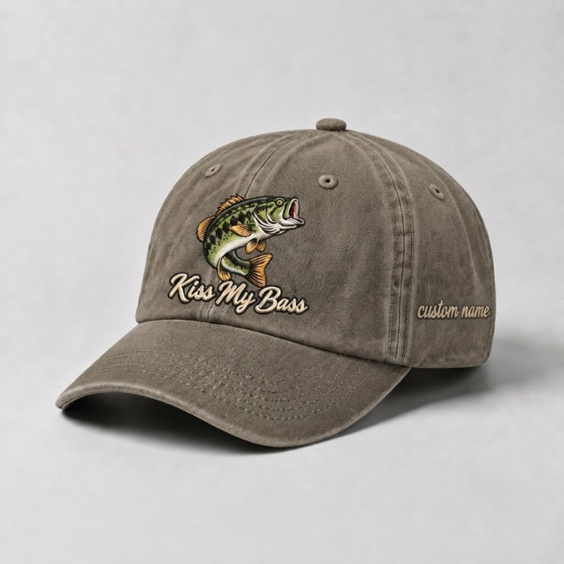 Kiss My Bass Hat Custom Name Fishing Embroidered, Bass Angler Gift