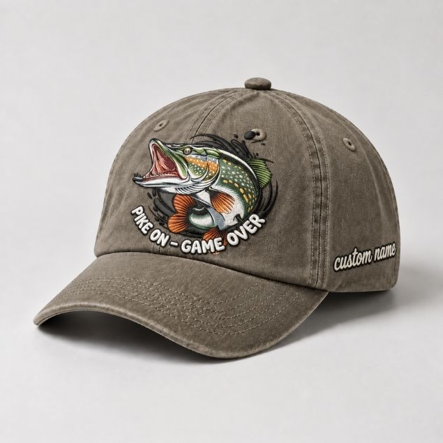 Pike On - Game Over Embroidered Dad Hat, Fishing Pike Fish Hat, Custom Name Personalized Cap, Vintage Outdoor Angler Hat