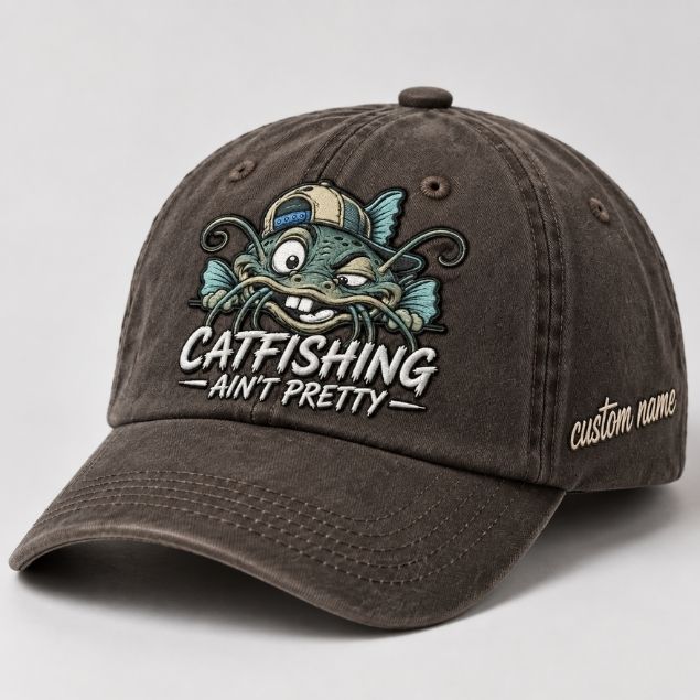 Catfishing Ain'T Pretty Embroidered Dad Hat – Custom Name Personalized Fishing Catfish Graphic Cap, Vintage Outdoor Streetwear Hat