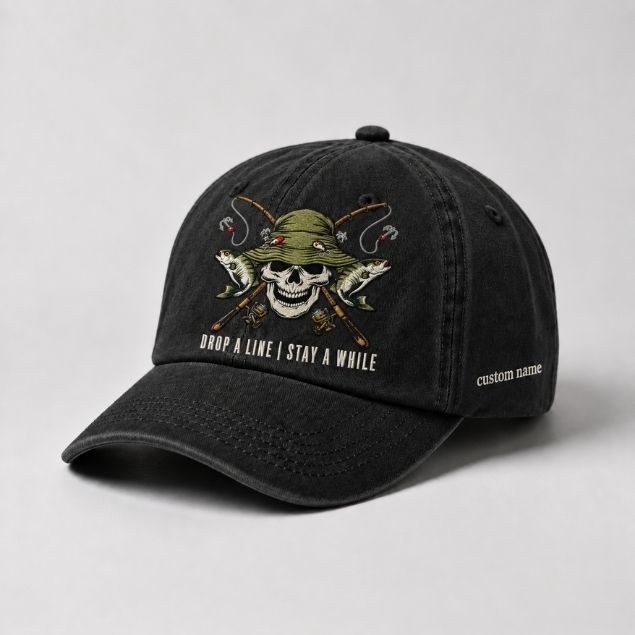 Drop A Line | Stay A While Dad Hat, Personalized Fishing Cap, Custom Name Embroidery Baseball Cap, Outdoor Angler Gift
