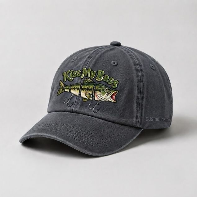 Kiss My Bass Custom Name Embroidered Hat Largemouth Bass Fishing Lure Cap