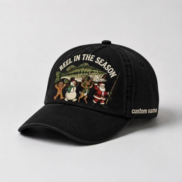 Reel In The Season Custom Name Embroidered Hat, Personalized Christmas Fishing Cap with Bass Fish