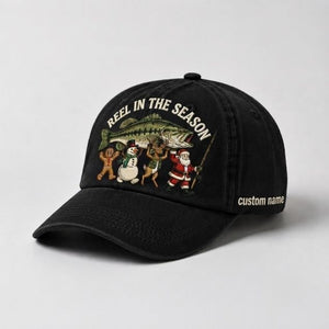 Reel In The Season Custom Name Embroidered Hat, Personalized Christmas Fishing Cap with Bass Fish - 2