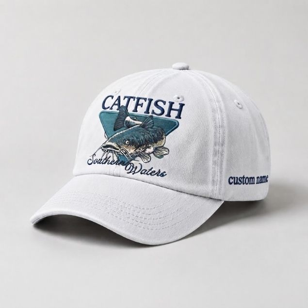 Catfish Hat Souther Waters Custom Name Embroidered, Personalized Fishing Dad Hat, River Angler Baseball Cap, Fisherman Gift
