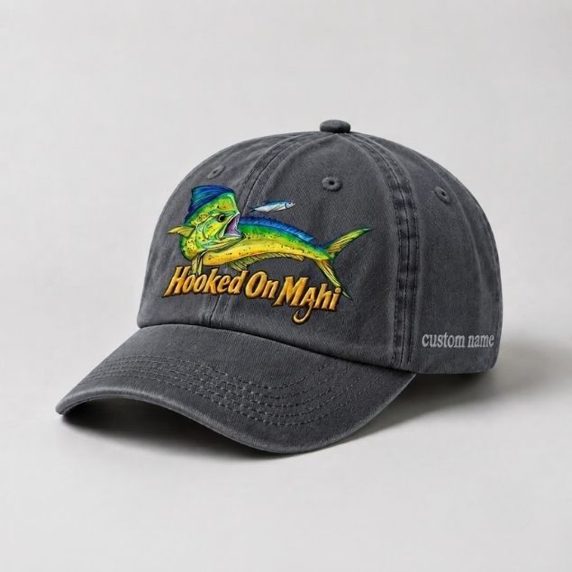 Hooked On Mahi Custom Name Embroidered Fishing Hat, Dorado Fish Cap