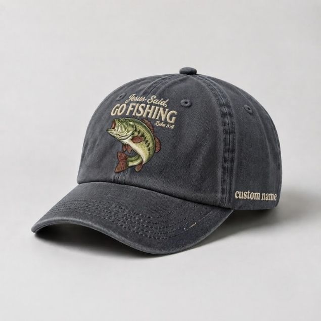Jesus Said Go Fishing Luke 5:4 Custom Name Embroidered Hat, Personalized Christian Fishing Bass Design Cap with Vintage Fish Stitch Artwork
