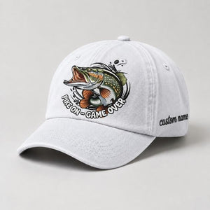 Pike On - Game Over Embroidered Dad Hat, Fishing Pike Fish Hat, Custom Name Personalized Cap, Vintage Outdoor Angler Hat - 4