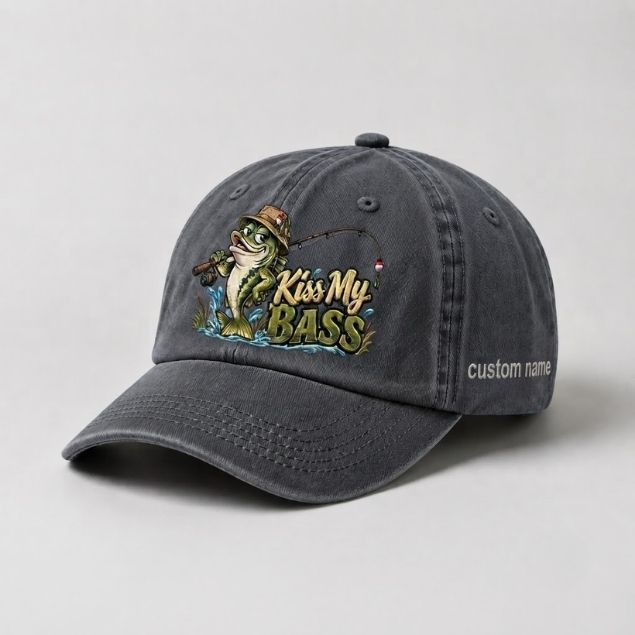Kiss My Bass Custom Name Embroidered Hat, Largemouth Bass Fishing Hat, Angler Gift