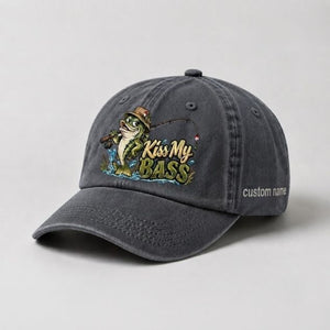 Kiss My Bass Custom Name Embroidered Hat, Largemouth Bass Fishing Hat, Angler Gift - 1