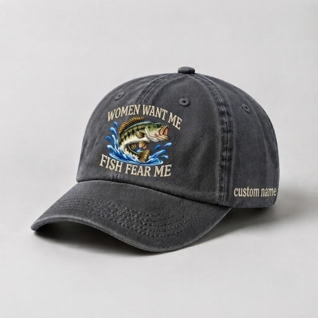 Women Want Me Fish Fear Me Jumping Bass Custom Name Embroidered Fishing Cap, Angler Gift
