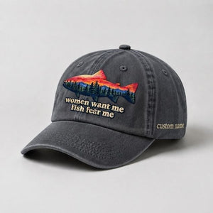 Women Want Me Fish Fear Me Trout Embroidered Custom Name Fishing Cap, Sunset Forest Trout Fishing Gift for Anglers - 1