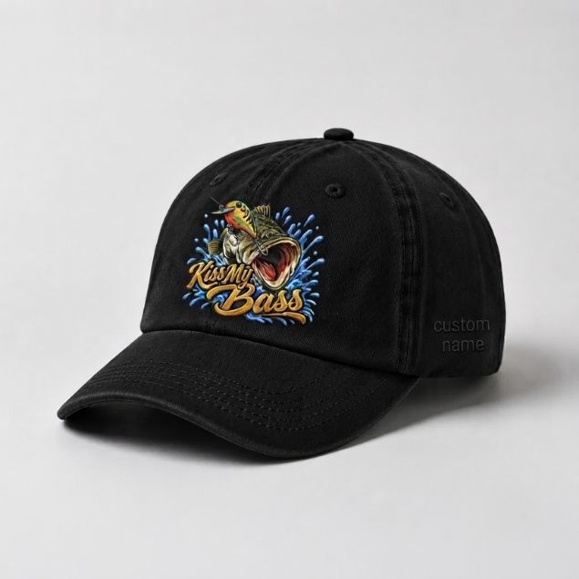 Kiss My Bass Custom Name Embroidered Hat, Largemouth Bass Lure Fishing Cap