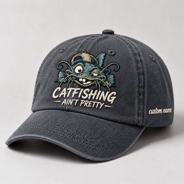 Catfishing Ain'T Pretty Embroidered Dad Hat – Custom Name Personalized Fishing Catfish Graphic Cap, Vintage Outdoor Streetwear Hat
