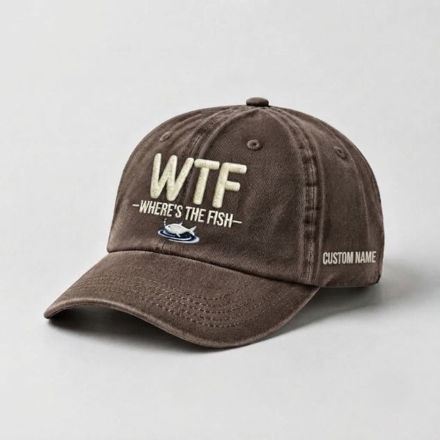 WTF Where's The Fish Custom Name Embroidered Vintage Washed Cotton Baseball Cap, Funny Fishing Gift Hat