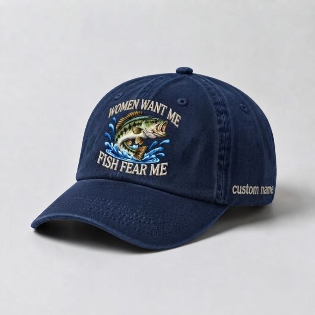 Women Want Me Fish Fear Me Jumping Bass Custom Name Embroidered Fishing Cap, Angler Gift