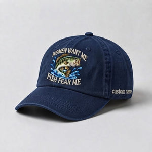 Women Want Me Fish Fear Me Jumping Bass Custom Name Embroidered Fishing Cap, Angler Gift - 3