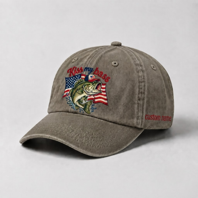Kiss My Bass Custom Name Embroidered Hat Largemouth Bass USA Flag Fishing Cap