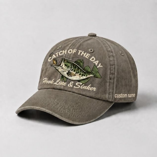 Catch Of The Day Hook Line & Sinker Custom Name Embroidered Hat, Personalized Bass Fishing Cap with Vintage Angler Stitch Design